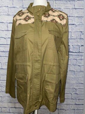 Olive Green Aztec Southwestern Print Utility Cargo Jacket Drawstring Waist